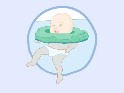 illustrazione bambino felice che galleggia con lo speciale salvagente baby bubble